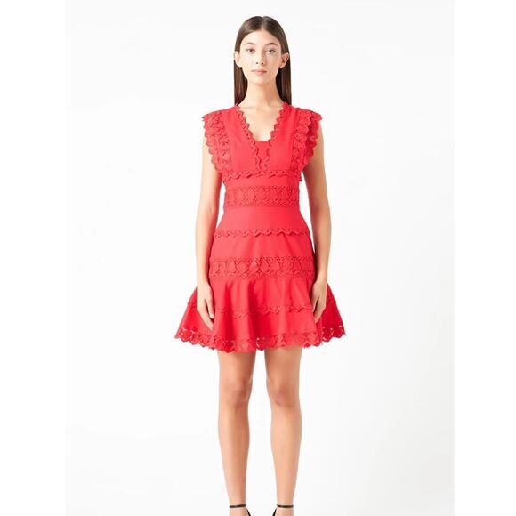 Anthropologie Endless Rose Women's  Red Plunging Neck Lace Trim Dress, M - Picture 1 of 14